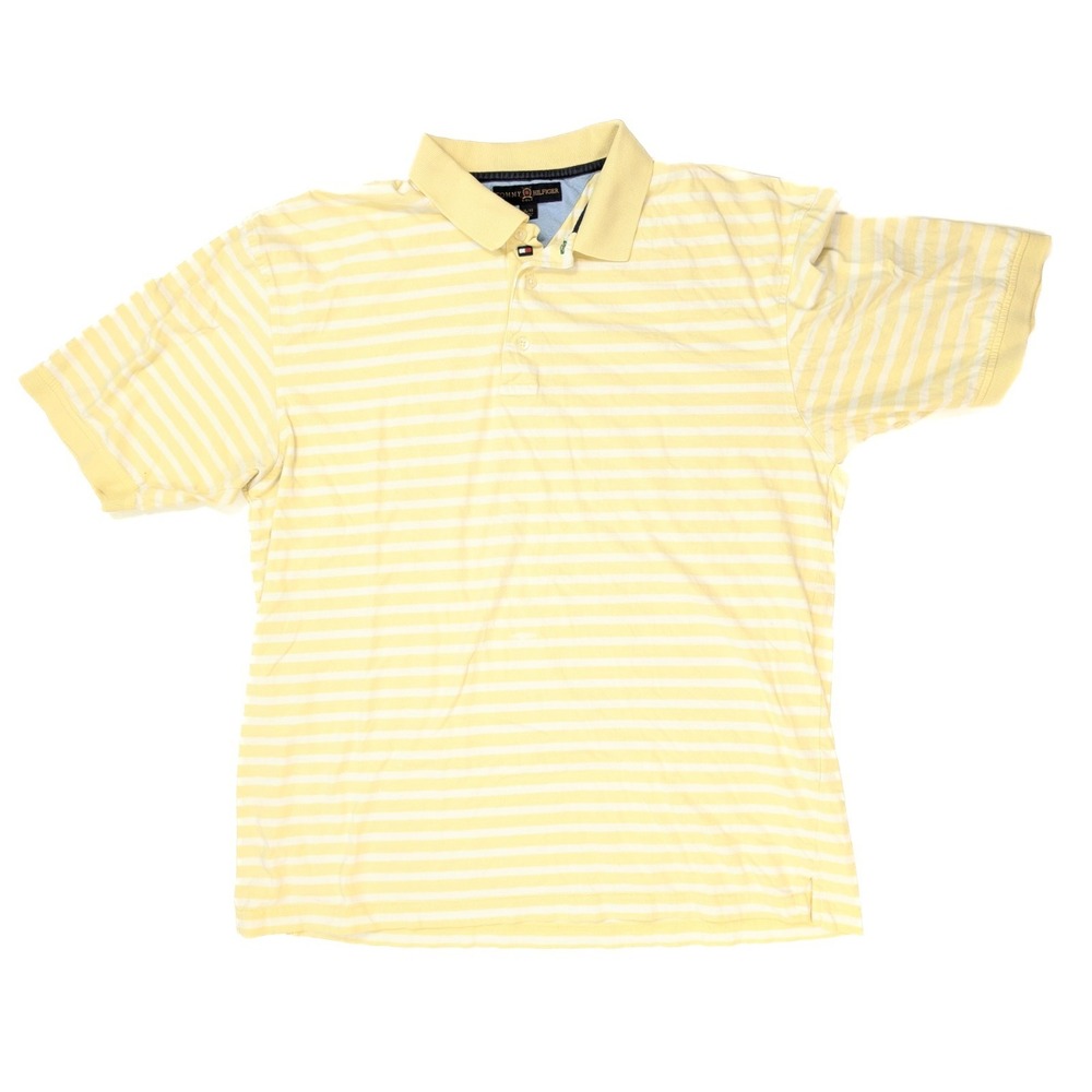 Tommy Hilfiger Y2K Yellow White Striped 1/4 Button S/ Sleeve Polo Men's Size XL